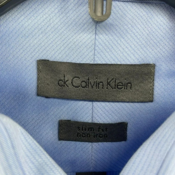 Calvin Klein Button Up Shirt Men's Sz 15 Sky Blue Striped Slim Non-Iron Two Ply - Picture 10 of 13